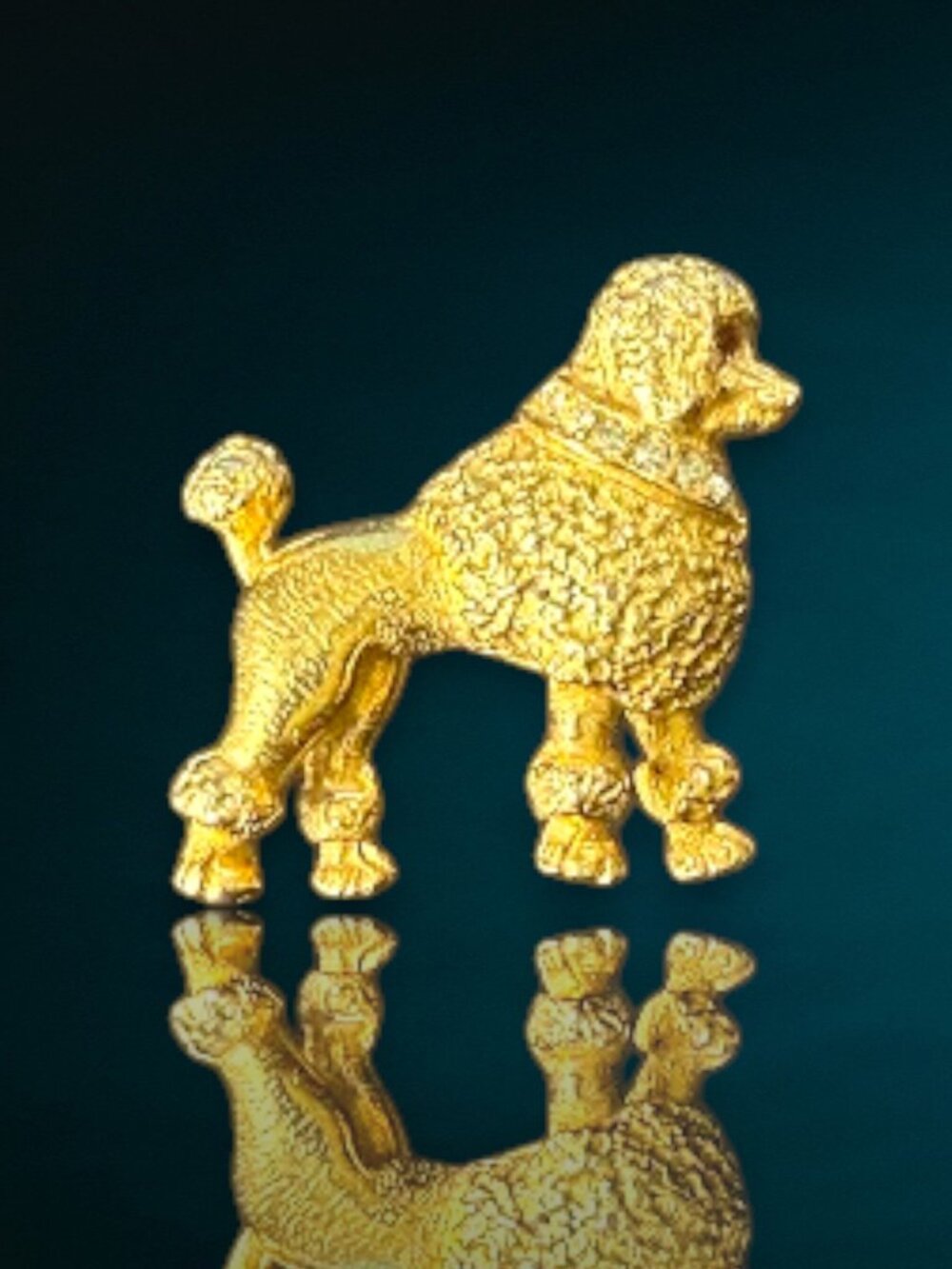Vintage Gold Tone Poodle Brooch Rhinestone Collar & Red Eyes Fancy Figural Pin